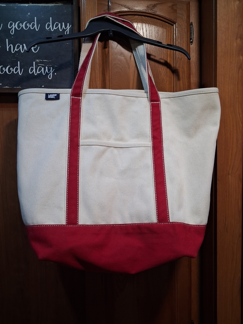 Lands' End Canvas Boat Tote with Navy Logo Tab Large Red & White
